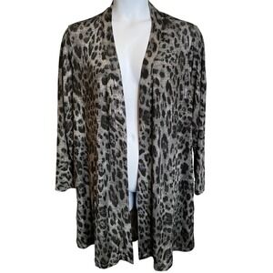 Susan Graver Metallic Black Leopard Print Open Front Stretchy Cardigan Size 2X
